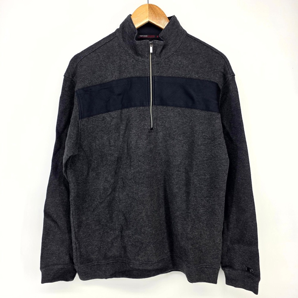 Tiger Woods Collection 1/4 Zip Pullover Mens Medium Gray Navy Golf Sweater 8905